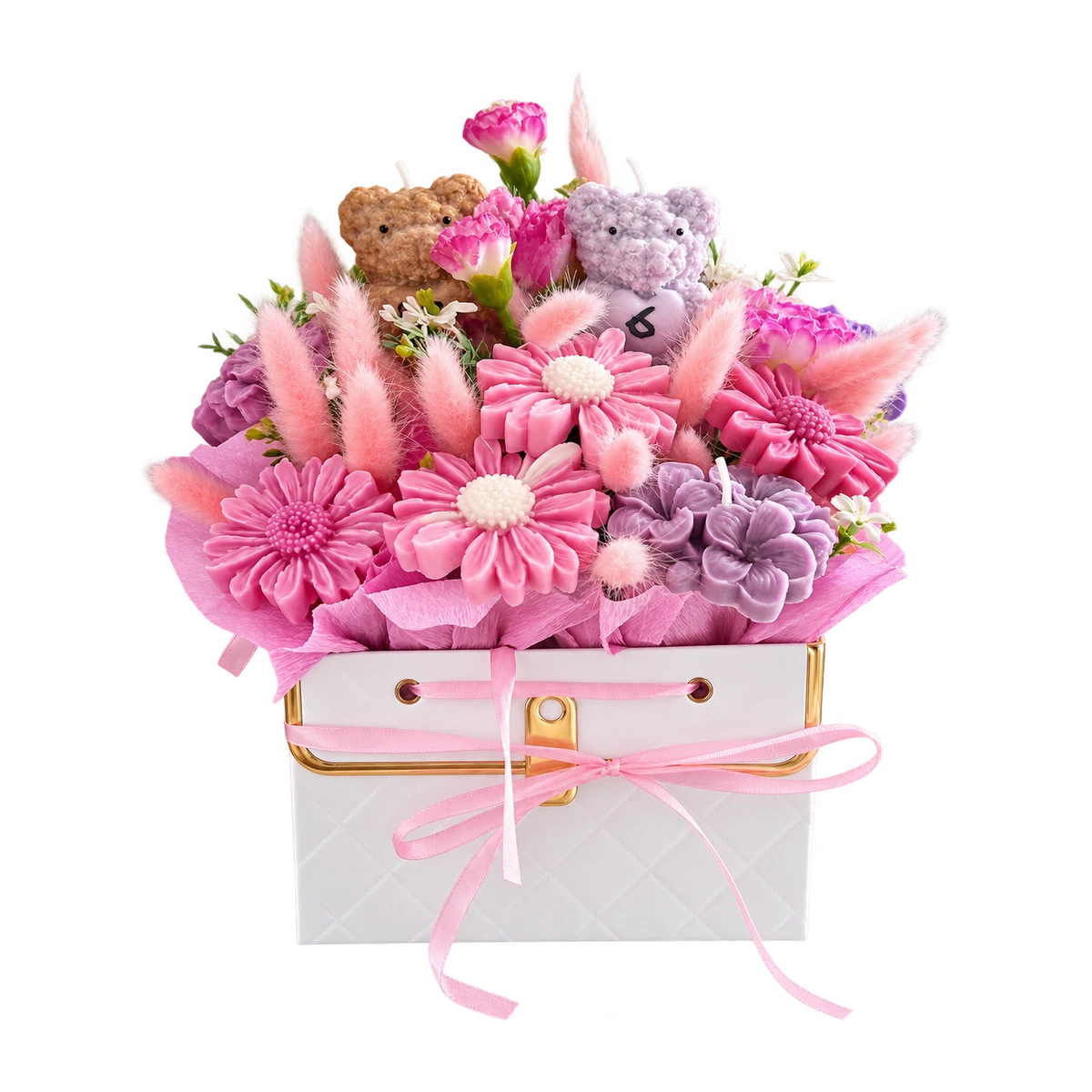 Composizione regalo Lumière: fiori di cera rosa e lavanda, due orsetti e confezione bianca con fiocco